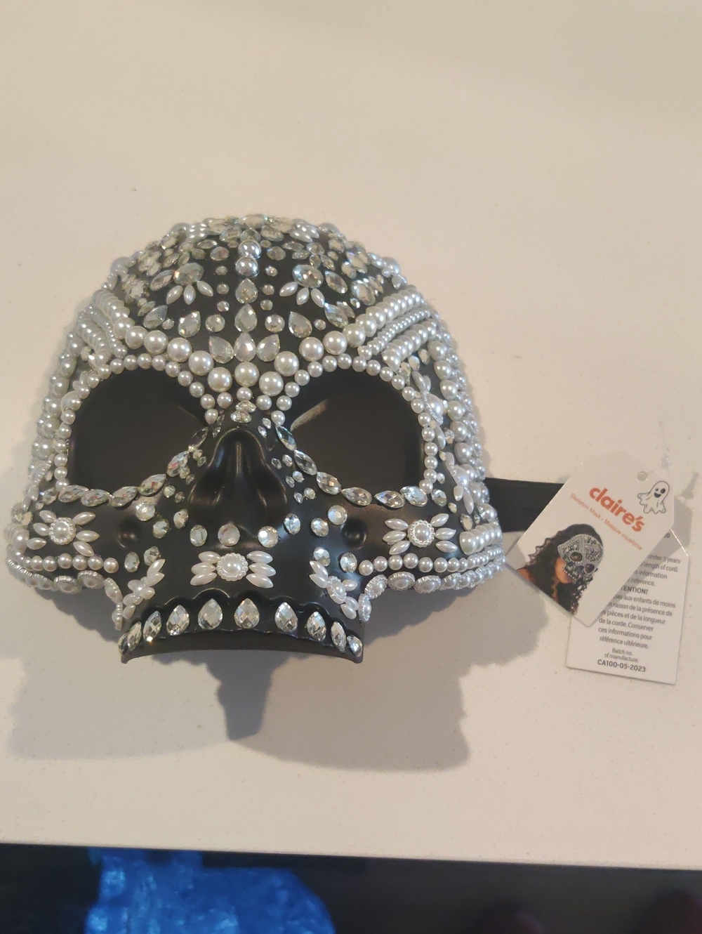 Claire's Black Jeweled Pearl Skull Mask...New